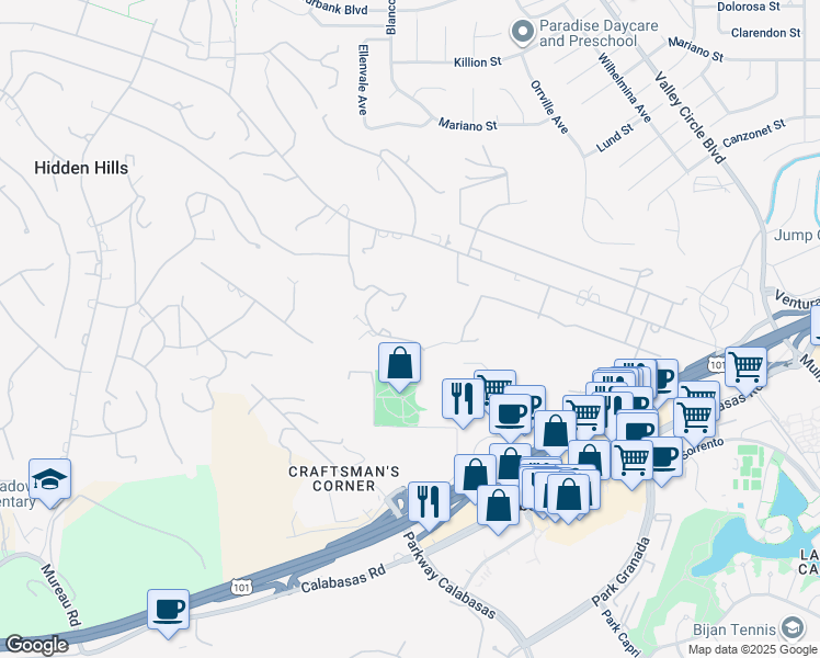 map of restaurants, bars, coffee shops, grocery stores, and more near 24105 Hidden Ridge Road in Hidden Hills
