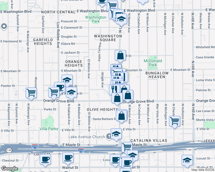 map of restaurants, bars, coffee shops, grocery stores, and more near 804 Boylston Street in Pasadena