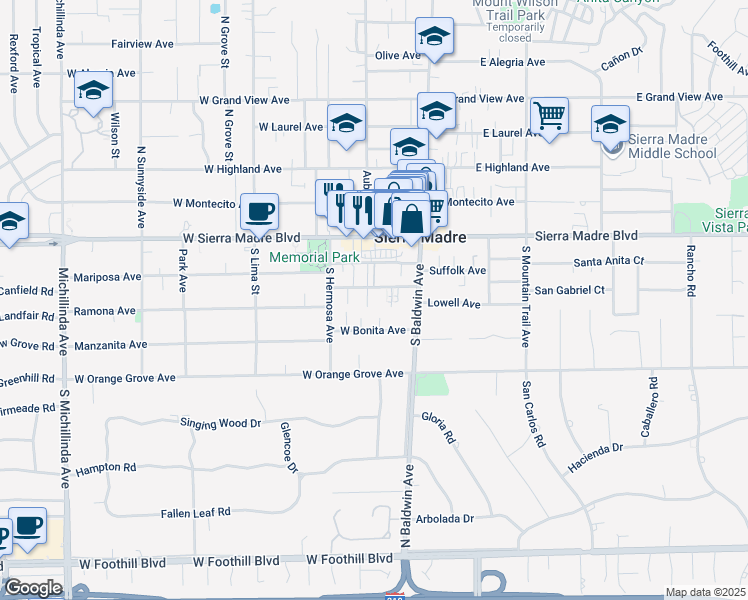 map of restaurants, bars, coffee shops, grocery stores, and more near 98 Esperanza Avenue in Sierra Madre