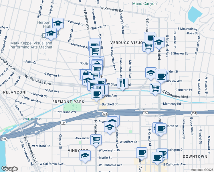 map of restaurants, bars, coffee shops, grocery stores, and more near 444 West Glenoaks Boulevard in Glendale