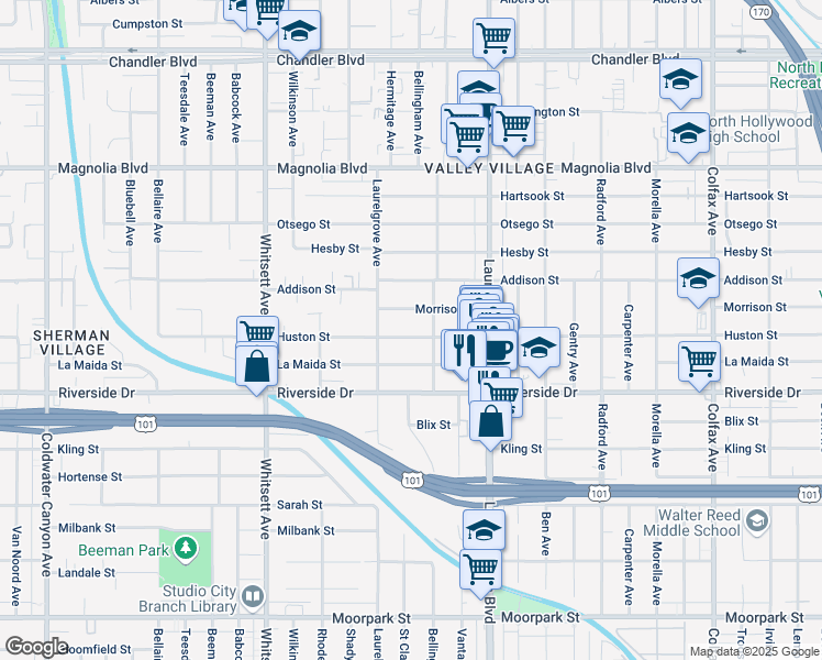 map of restaurants, bars, coffee shops, grocery stores, and more near in Los Angeles