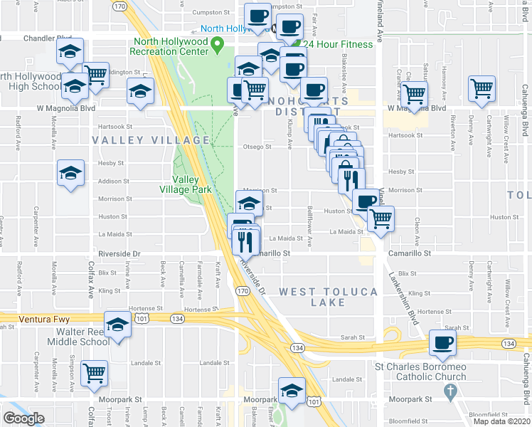 map of restaurants, bars, coffee shops, grocery stores, and more near 11280 Huston Street in Los Angeles