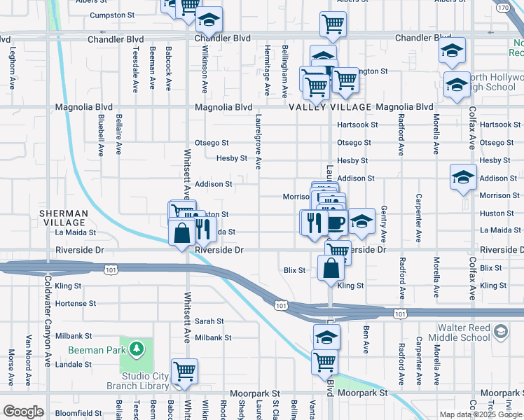 map of restaurants, bars, coffee shops, grocery stores, and more near 4910 Laurelgrove Avenue in Los Angeles
