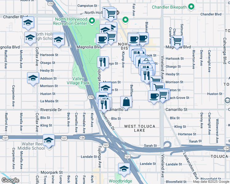 map of restaurants, bars, coffee shops, grocery stores, and more near 11270 Huston Street in North Hollywood