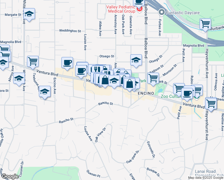 map of restaurants, bars, coffee shops, grocery stores, and more near 17114 Ventura Boulevard in Los Angeles