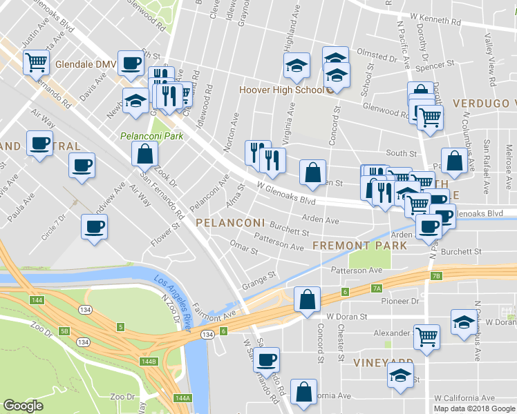 map of restaurants, bars, coffee shops, grocery stores, and more near 842 Arden Avenue in Glendale