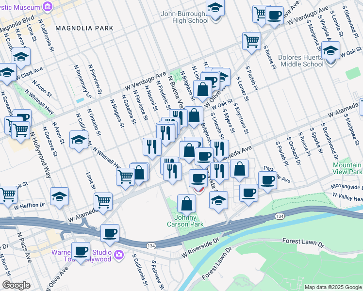 map of restaurants, bars, coffee shops, grocery stores, and more near 2600 West Olive Avenue in Burbank