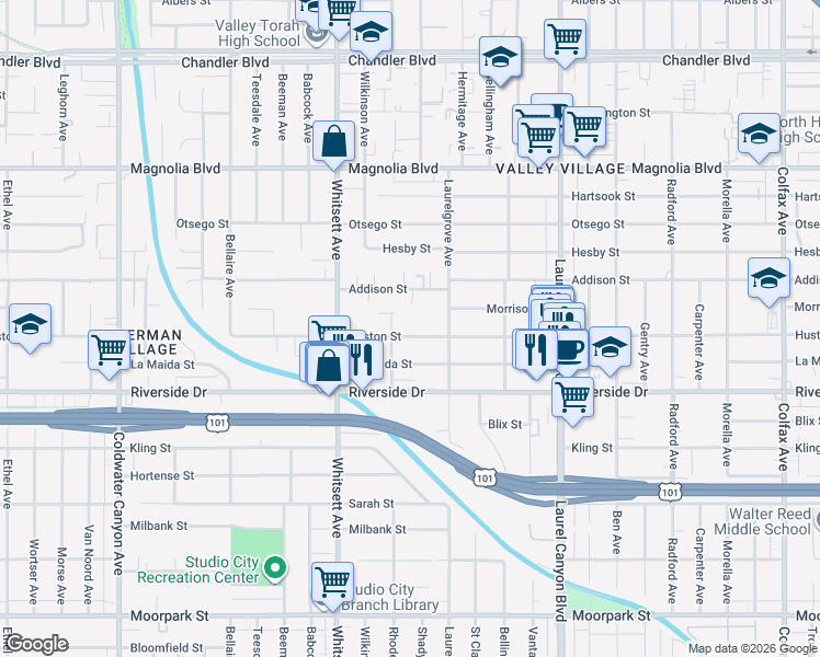 map of restaurants, bars, coffee shops, grocery stores, and more near 12345 Huston Street in Los Angeles