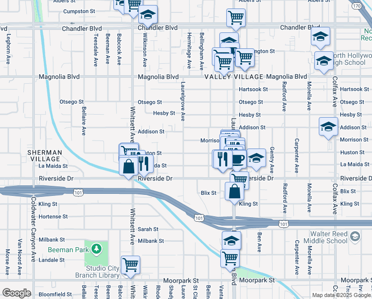 map of restaurants, bars, coffee shops, grocery stores, and more near 4910 Laurelgrove Avenue in Los Angeles
