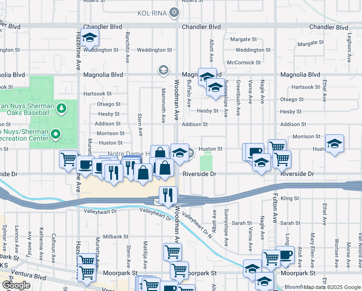 map of restaurants, bars, coffee shops, grocery stores, and more near 4900 Woodman Avenue in Los Angeles
