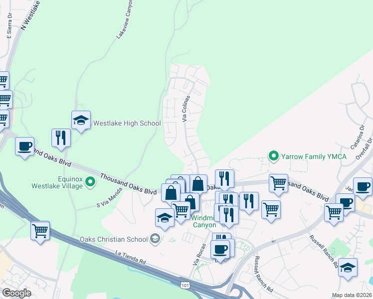 map of restaurants, bars, coffee shops, grocery stores, and more near 239 Via Colinas in Westlake Village