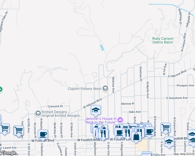 map of restaurants, bars, coffee shops, grocery stores, and more near 405 Heather Heights Court in Monrovia