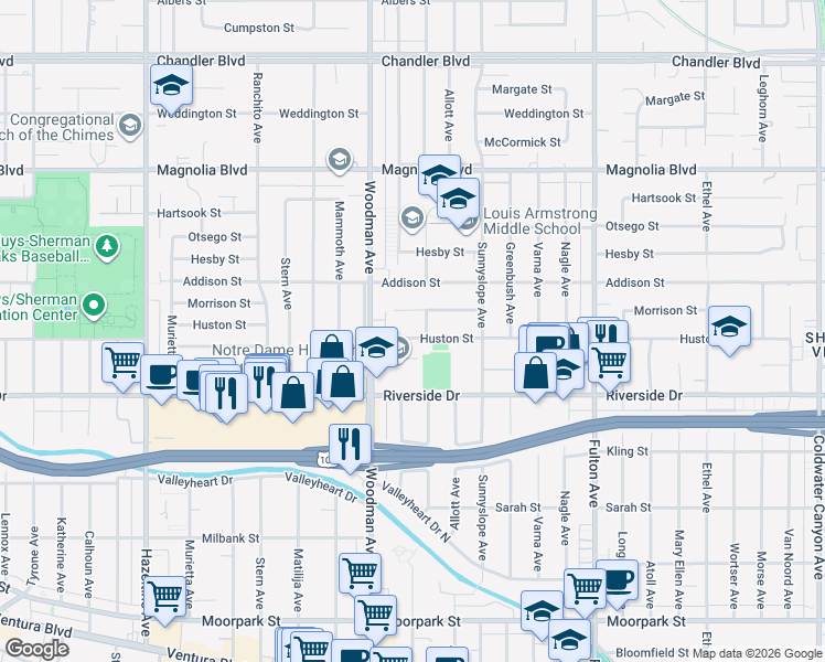 map of restaurants, bars, coffee shops, grocery stores, and more near 13613 Huston Street in Los Angeles