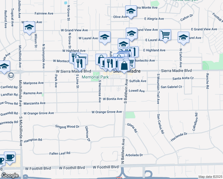 map of restaurants, bars, coffee shops, grocery stores, and more near 110 Esperanza Avenue in Sierra Madre