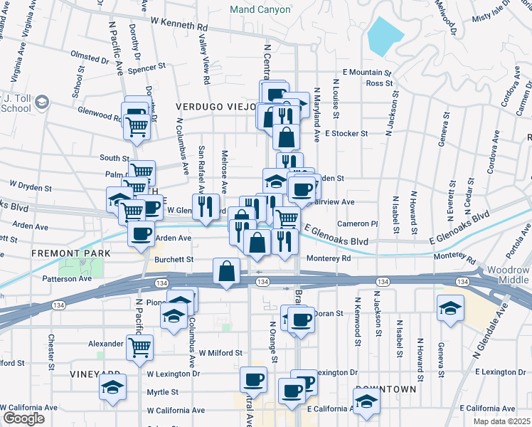 map of restaurants, bars, coffee shops, grocery stores, and more near 1010 North Central Avenue in Glendale