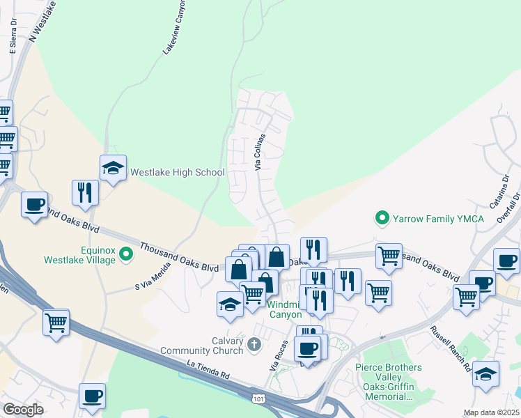 map of restaurants, bars, coffee shops, grocery stores, and more near 239 Via Colinas in Westlake Village