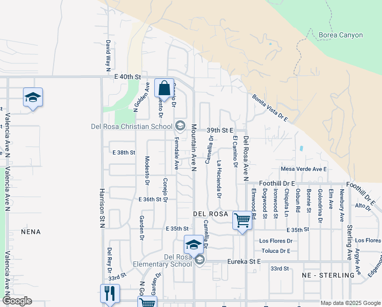map of restaurants, bars, coffee shops, grocery stores, and more near 1410 East Yucca Drive in San Bernardino