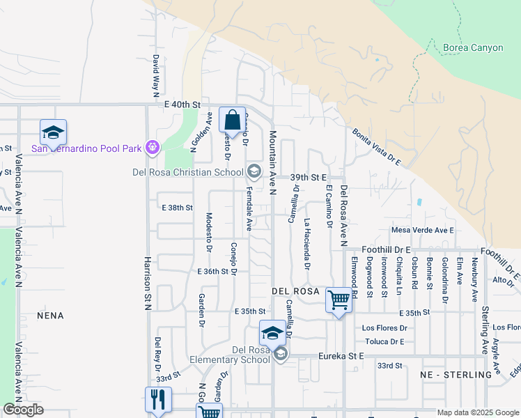 map of restaurants, bars, coffee shops, grocery stores, and more near 1340 East Yucca Drive in San Bernardino