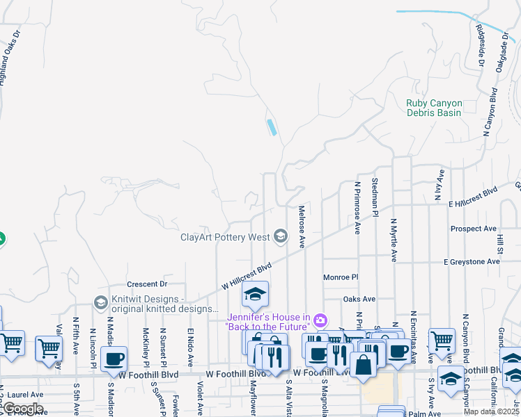 map of restaurants, bars, coffee shops, grocery stores, and more near 437 West Scenic Drive in Monrovia