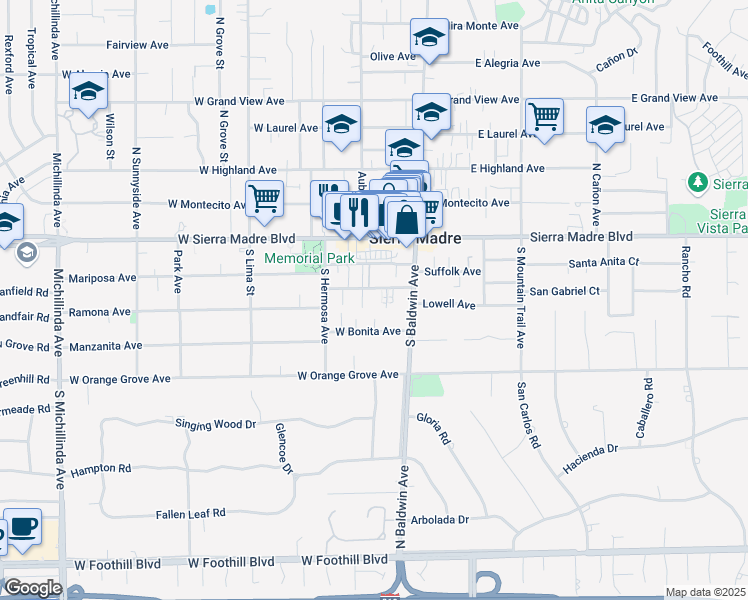 map of restaurants, bars, coffee shops, grocery stores, and more near 98 Esperanza Avenue in Sierra Madre