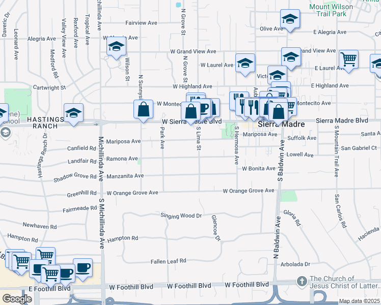 map of restaurants, bars, coffee shops, grocery stores, and more near 375 Ramona Avenue in Sierra Madre