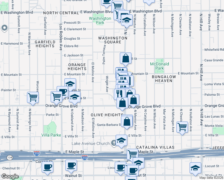 map of restaurants, bars, coffee shops, grocery stores, and more near 804 Boylston Street in Pasadena