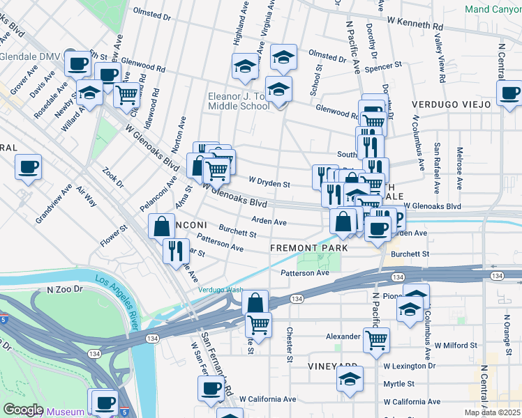 map of restaurants, bars, coffee shops, grocery stores, and more near 721 Arden Avenue in Glendale