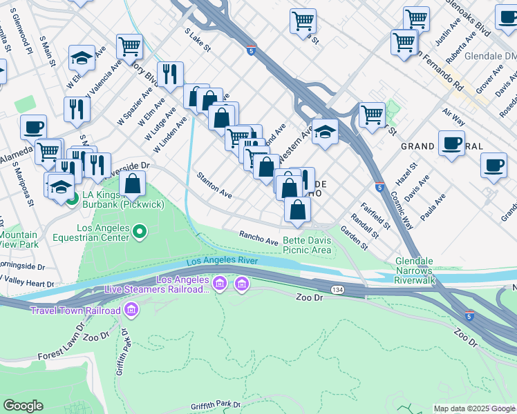 map of restaurants, bars, coffee shops, grocery stores, and more near 215 Winchester Avenue in Glendale