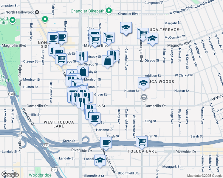 map of restaurants, bars, coffee shops, grocery stores, and more near 10818 Huston Street in Los Angeles