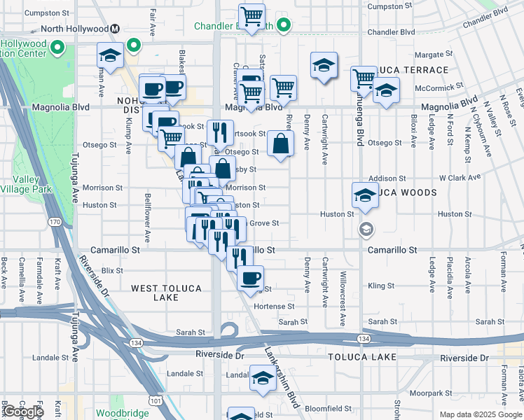 map of restaurants, bars, coffee shops, grocery stores, and more near 10858 Huston Street in Los Angeles