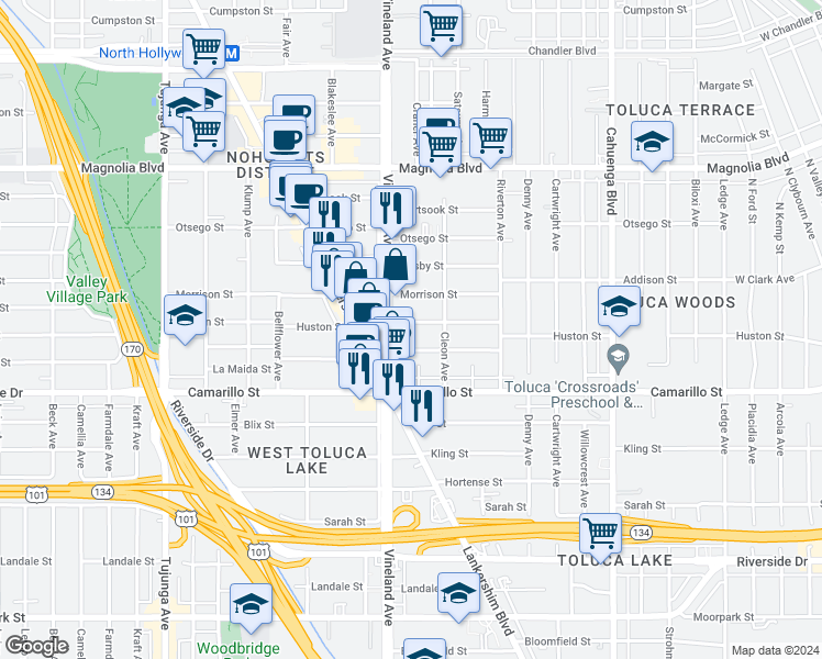 map of restaurants, bars, coffee shops, grocery stores, and more near 10946 Huston Street in Los Angeles