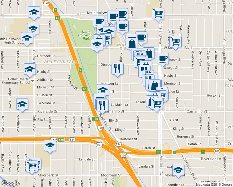 map of restaurants, bars, coffee shops, grocery stores, and more near 11275 Peach Grove Street in Los Angeles