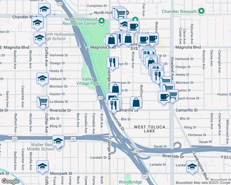 map of restaurants, bars, coffee shops, grocery stores, and more near 4868 Tujunga Avenue in Los Angeles