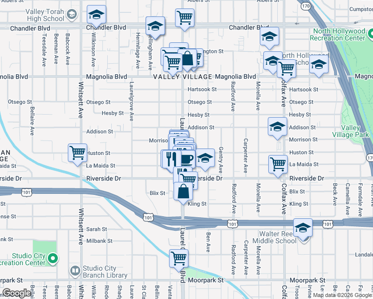 map of restaurants, bars, coffee shops, grocery stores, and more near 4904 Laurel Canyon Boulevard in Los Angeles