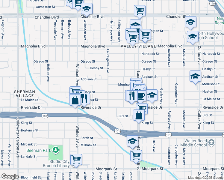 map of restaurants, bars, coffee shops, grocery stores, and more near 4903 Laurelgrove Avenue in Los Angeles