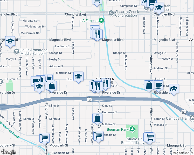 map of restaurants, bars, coffee shops, grocery stores, and more near 4900 Van Noord Avenue in Los Angeles