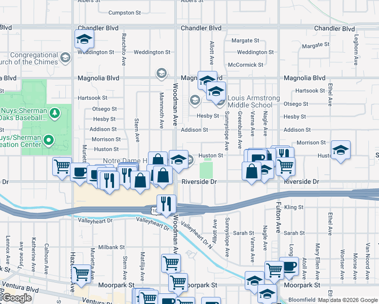 map of restaurants, bars, coffee shops, grocery stores, and more near 13627 Huston Street in Los Angeles