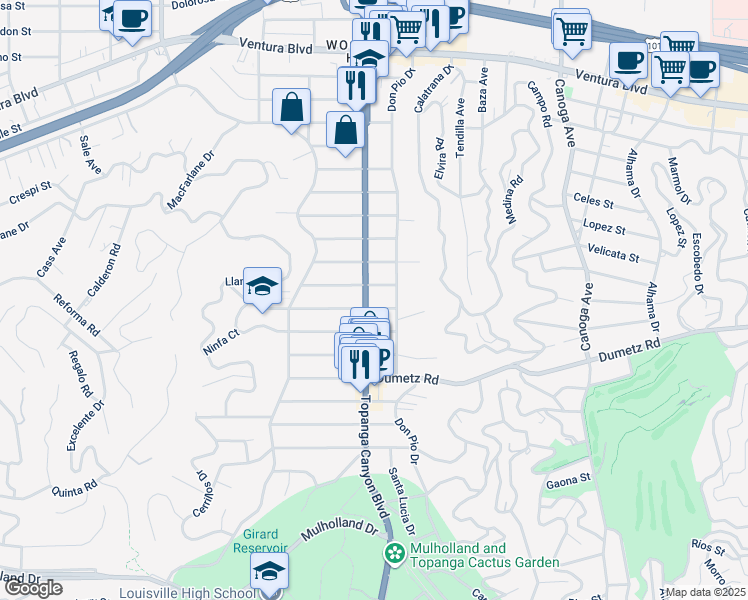 map of restaurants, bars, coffee shops, grocery stores, and more near 21913 De La Osa Street in Los Angeles
