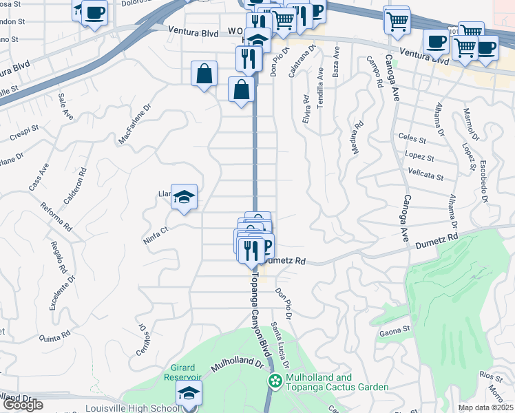 map of restaurants, bars, coffee shops, grocery stores, and more near 21913 De La Osa Street in Los Angeles