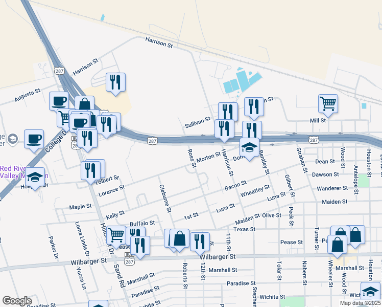 map of restaurants, bars, coffee shops, grocery stores, and more near 900 Ross Street in Vernon