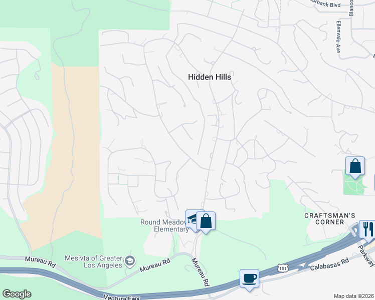 map of restaurants, bars, coffee shops, grocery stores, and more near 5376 Jed Smith Road in Hidden Hills