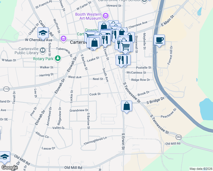 map of restaurants, bars, coffee shops, grocery stores, and more near 121 South Avenue in Cartersville