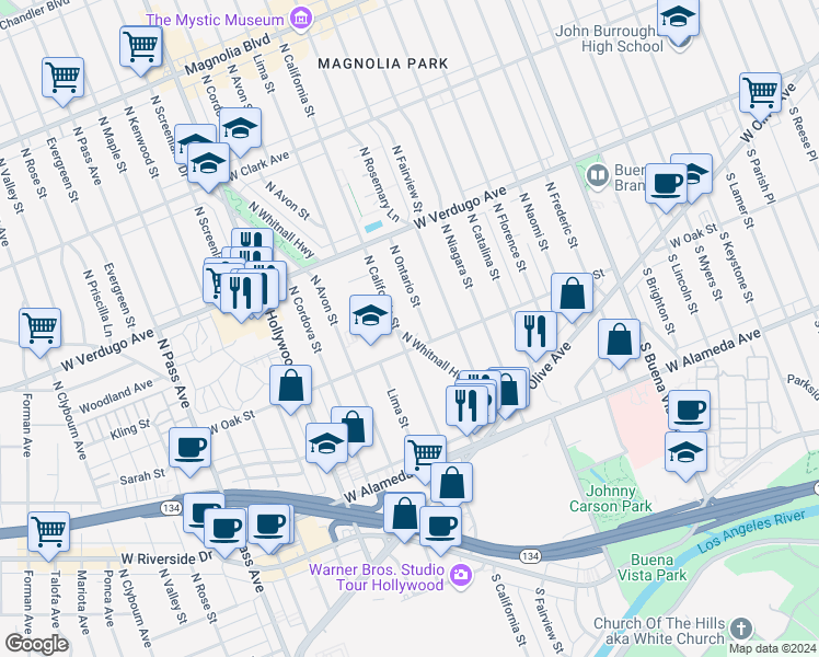 map of restaurants, bars, coffee shops, grocery stores, and more near 420 North Whitnall Highway in Burbank