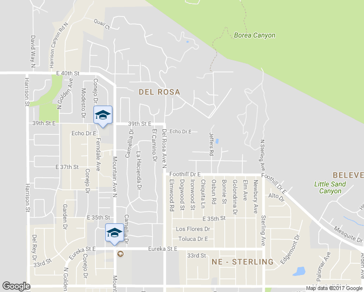 map of restaurants, bars, coffee shops, grocery stores, and more near 3775 Del Rosa Avenue North in San Bernardino