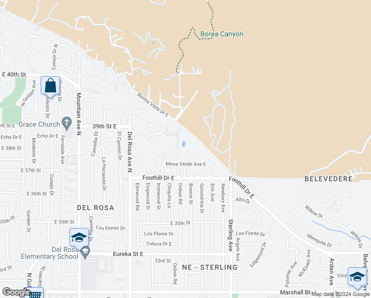 map of restaurants, bars, coffee shops, grocery stores, and more near 3808 Osbun Road in San Bernardino