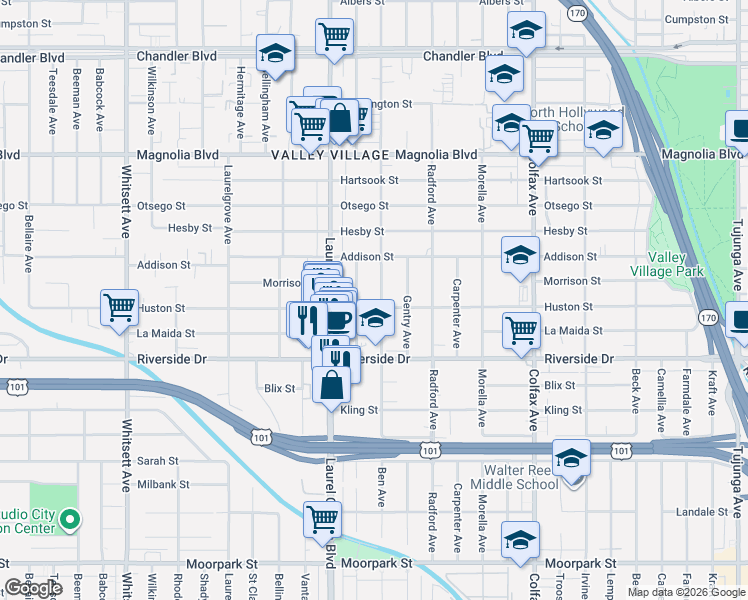 map of restaurants, bars, coffee shops, grocery stores, and more near 4911 Ben Avenue in Los Angeles