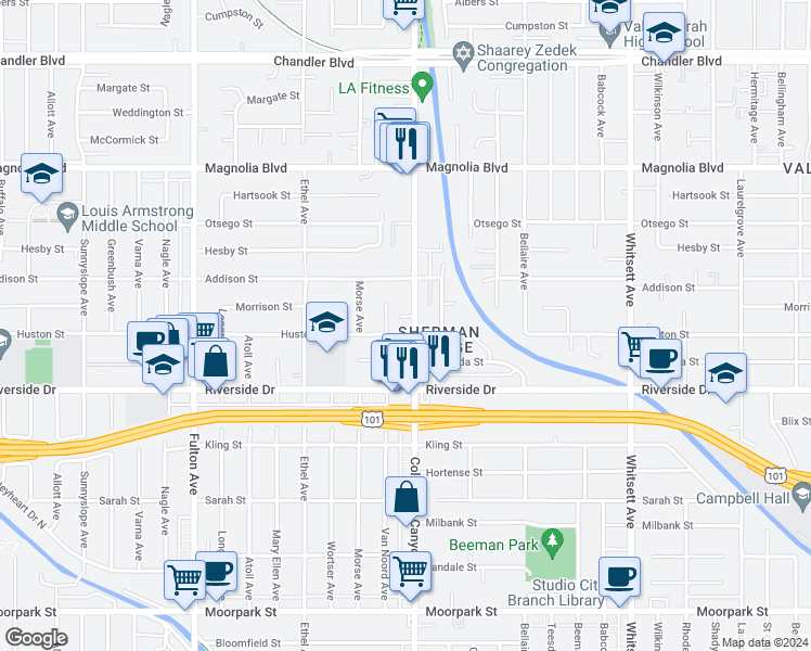 map of restaurants, bars, coffee shops, grocery stores, and more near 4915 Coldwater Canyon Avenue in Los Angeles