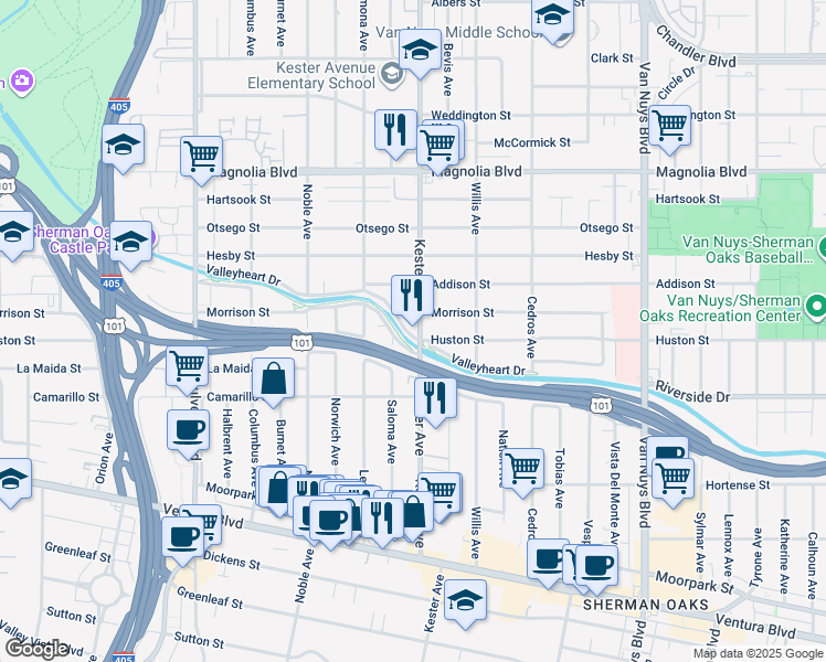 map of restaurants, bars, coffee shops, grocery stores, and more near 14911 Valleyheart Drive in Los Angeles