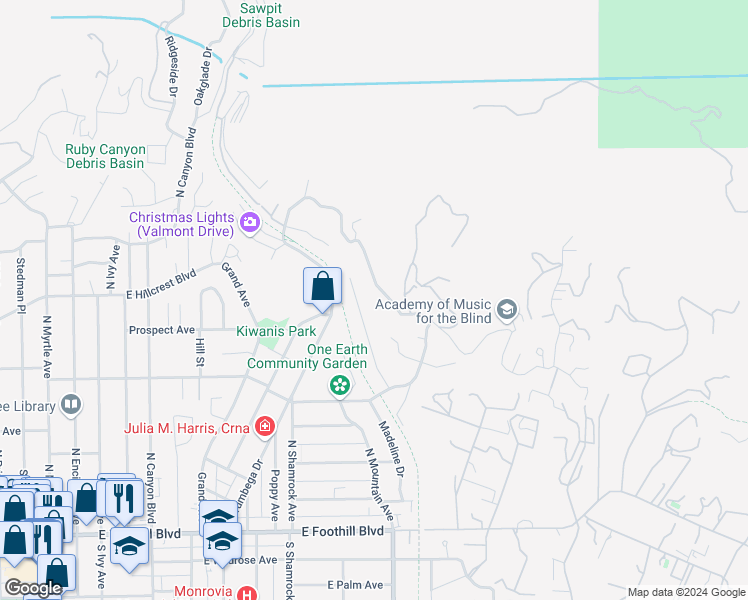 map of restaurants, bars, coffee shops, grocery stores, and more near 720 Norumbega Drive in Monrovia