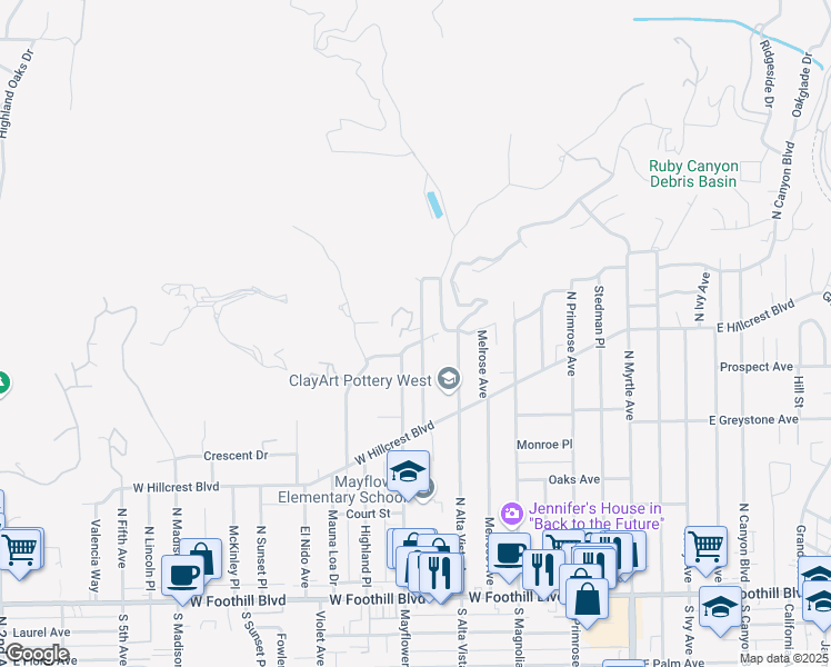 map of restaurants, bars, coffee shops, grocery stores, and more near 405 Heather Heights Court in Monrovia